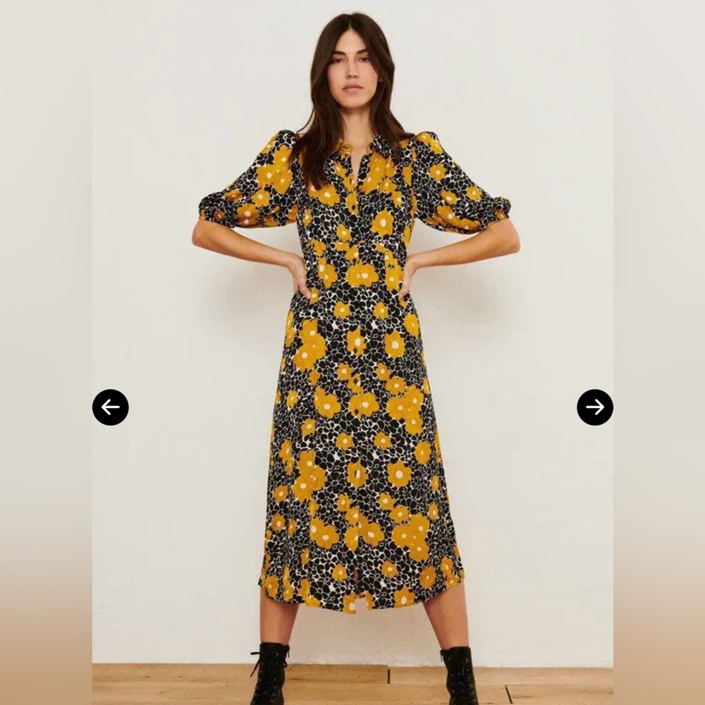 ba&sh Babe Dress Curry Yellow Floral Maxi Boho V-Neck Viscose Size 2 Medium